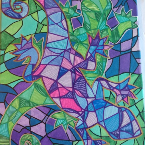 Abstract Style Painting Of Two Purple & Green Geckos Hand Painted 14x11 Canvas - Picture 14 of 16